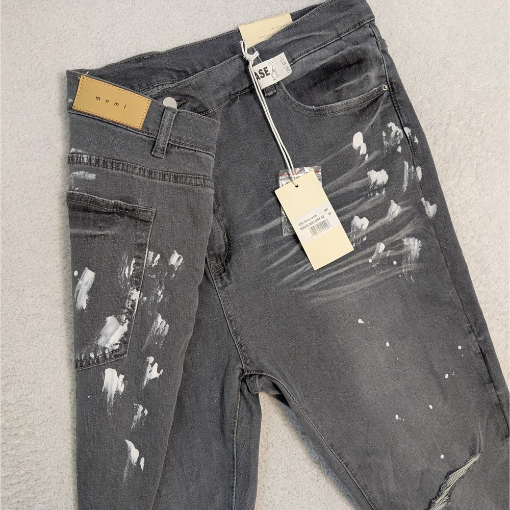 NEW MNML X504 Distressed Stretch Skinny Jean Grey W/ WhiteSplatter‎ Size 42x31"